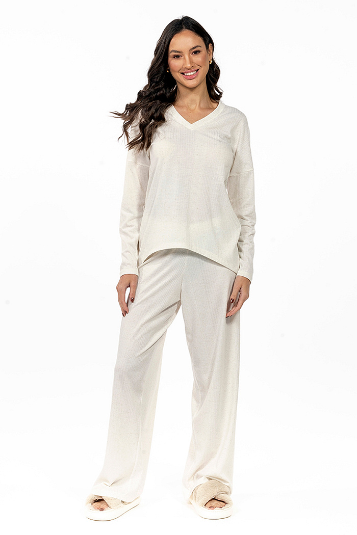 Conjunto Pijama Longo Canelado Off White