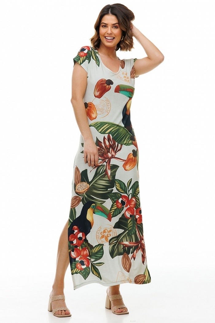 Vestido Longo Jeri Tucano com Folhas e Guaraná