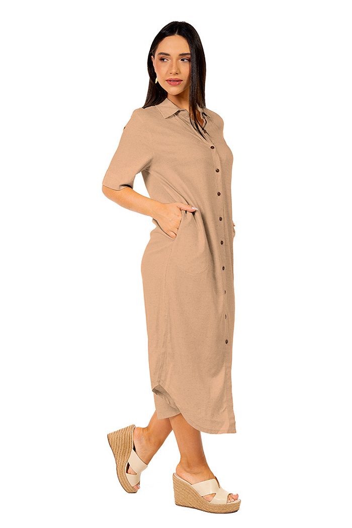 Chemise Vestido Linho Midi Marrom