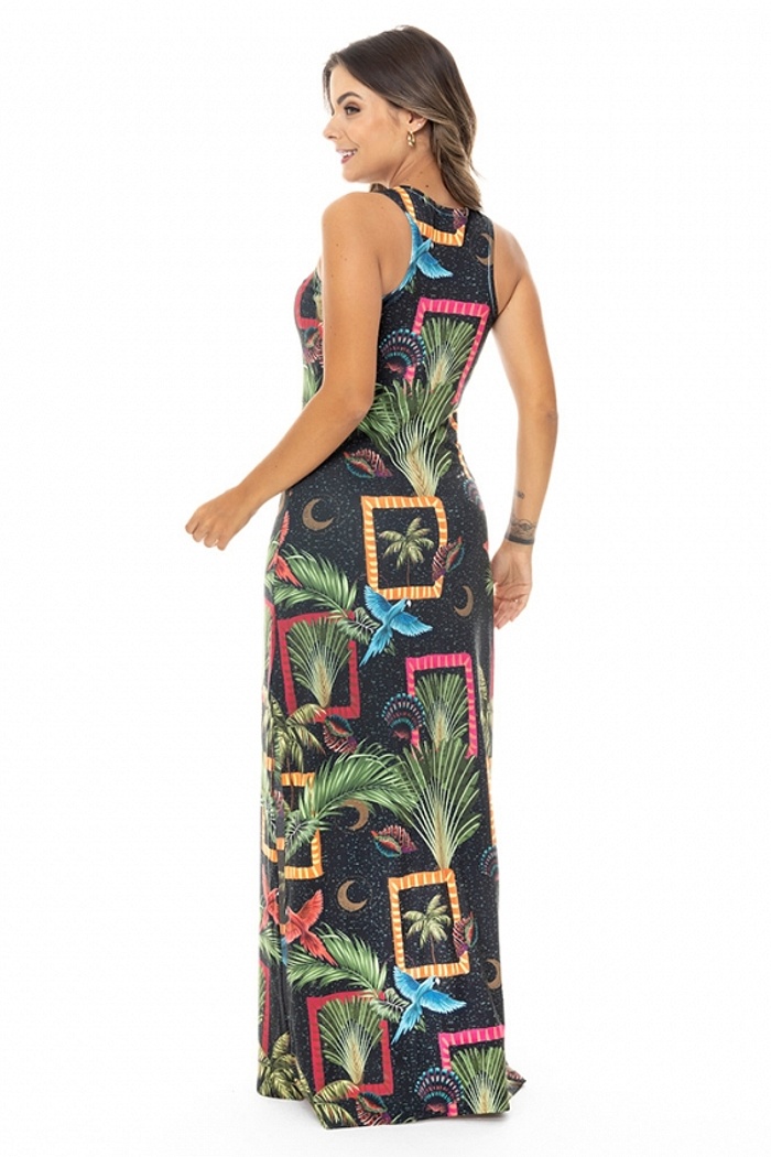 Vestido  Hortência Araras Desenho Coqueiro Fundo Preto