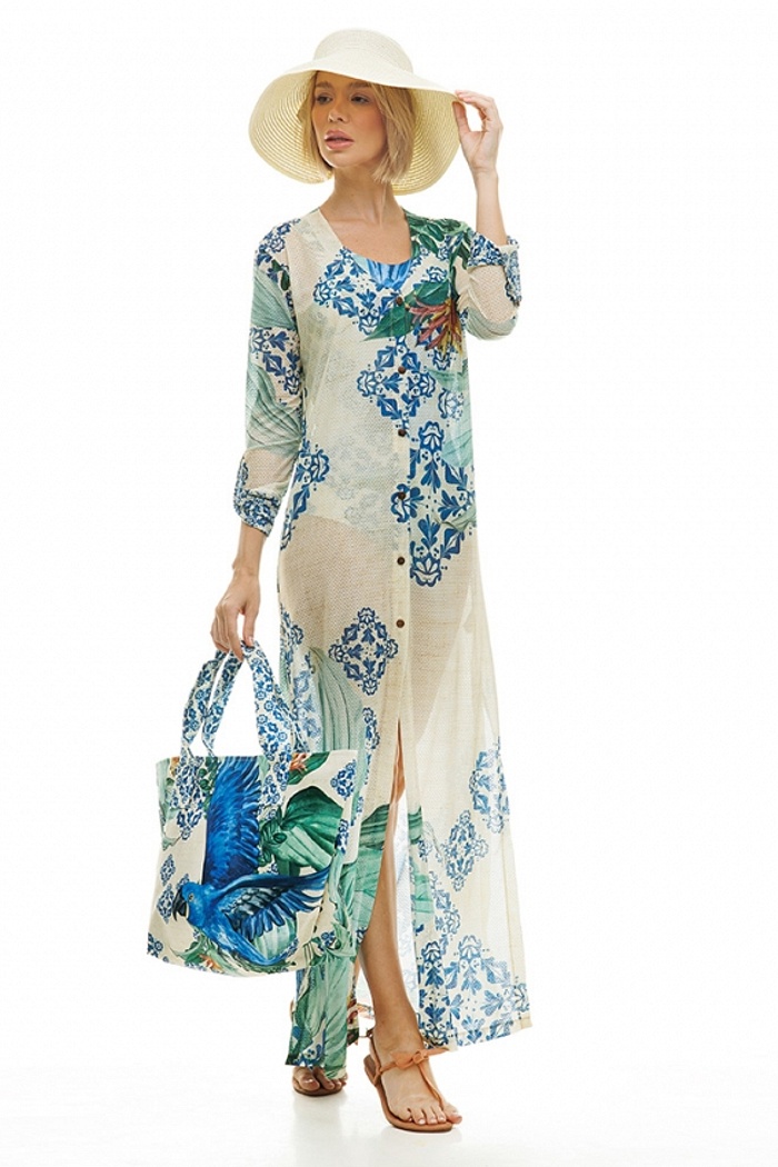 Bolsa Praia Maxi Arara Azul Fundo Azulejo