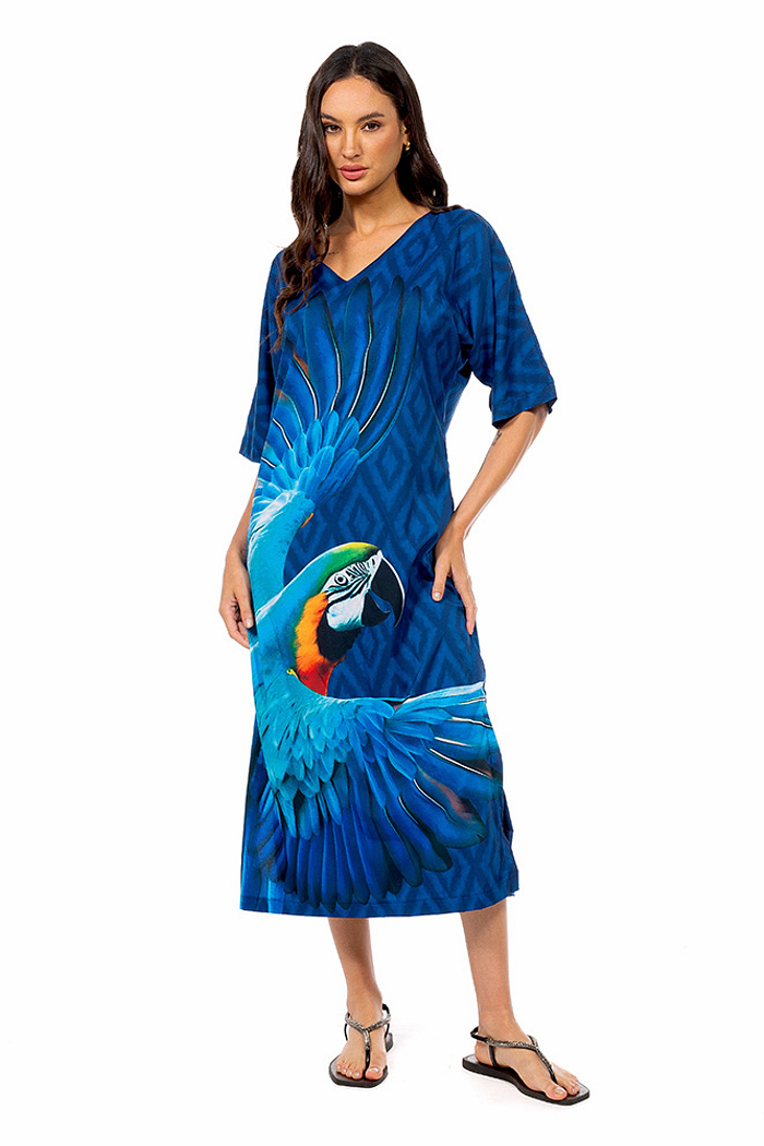Kaftan Atena Maxi Arara Fundo Azul