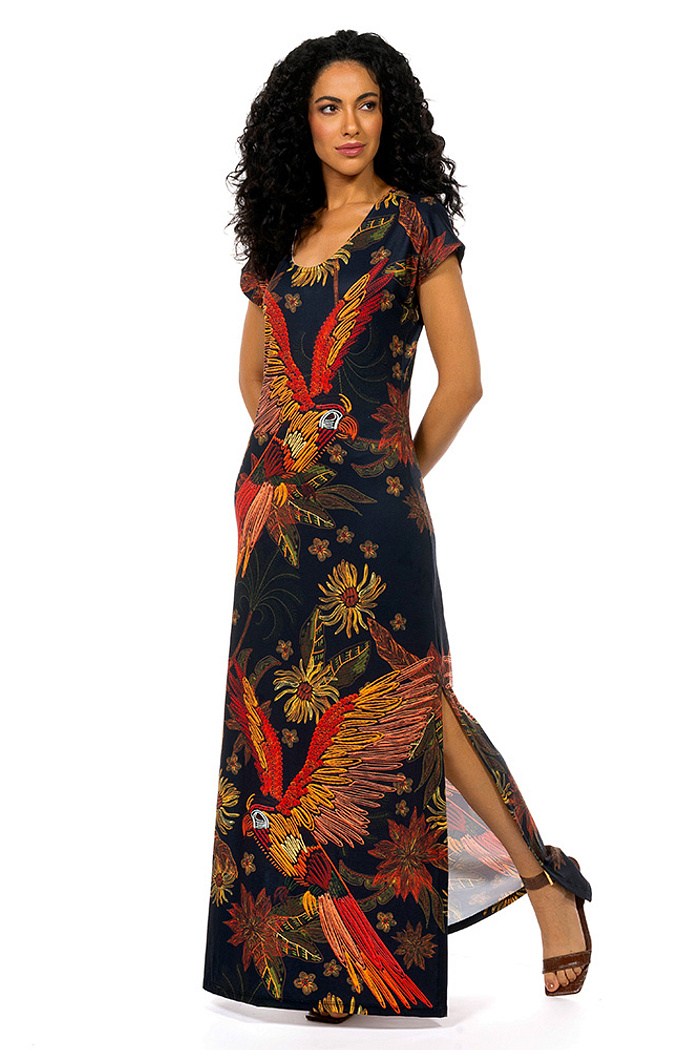 Vestido Longo Jeri Arara Flor Bordado Off