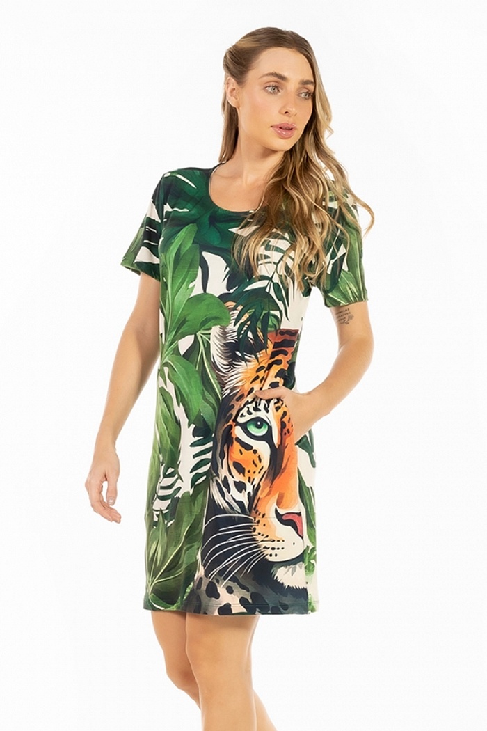 Vestido Floresta Onça Folhagens  Off