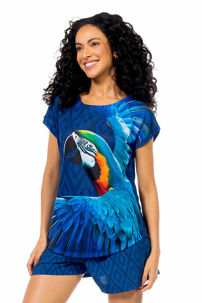 Blusa Jasmim Maxi Arara Fundo Azul