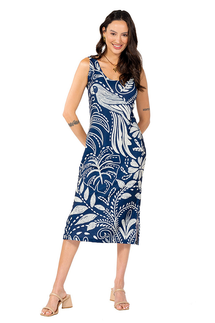 Vestido Estampado Canelado Midi Araras Bordado Off