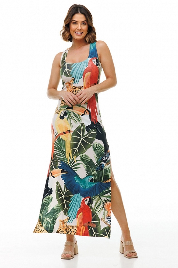 Vestido  Hortência Animais Floresta Fundo Off