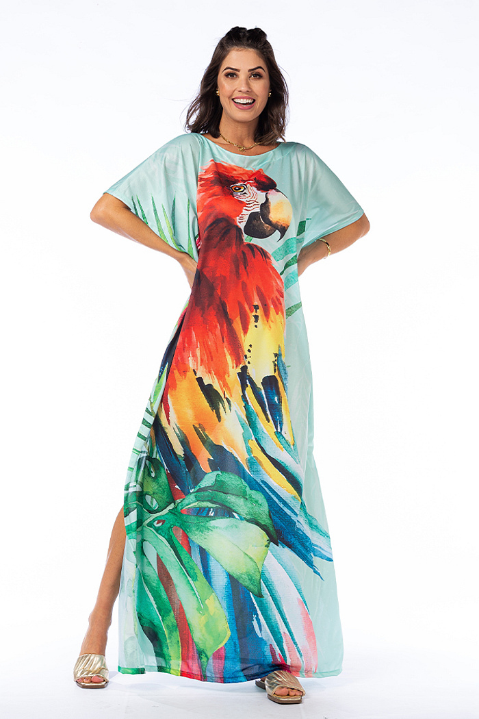 Vestido Feminino Kaftan Hibisco Estampado Arara Vermelha em Pintura
