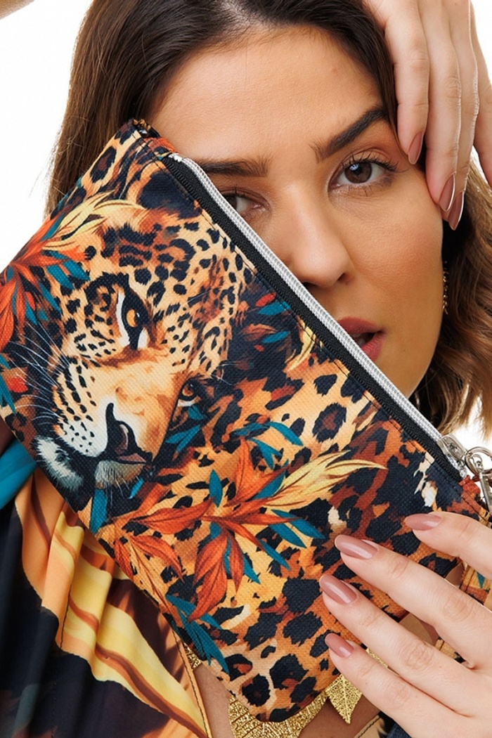 Carteira Eco Rosto Onça Folhagem Sépia