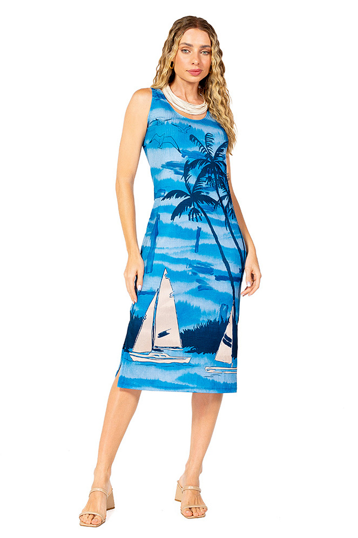 Vestido Canelado Midi Barcos Gaivotas Azul