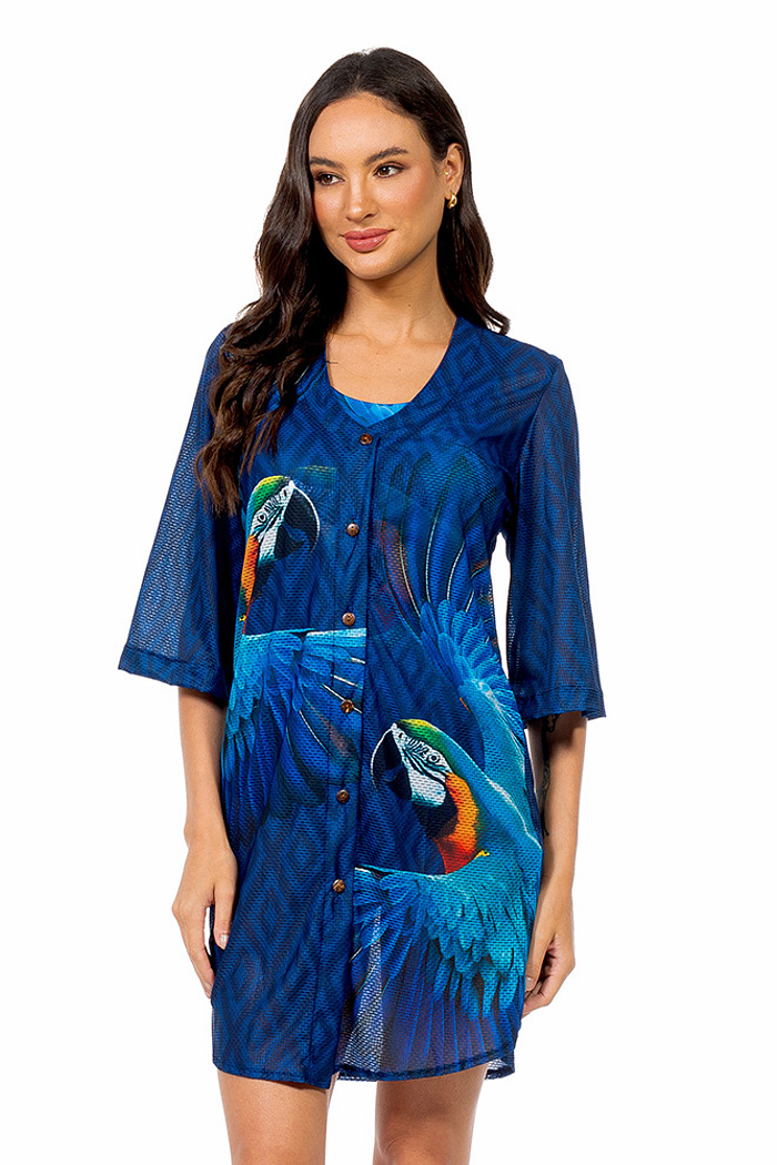 Saída de Praia Chemise Alongada Maxi Arara Fundo Azul