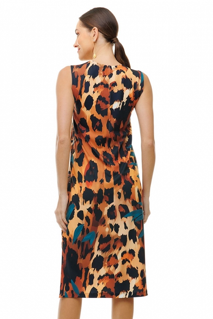 Vestido Estampado Clássico Midi Rosto Onça Folhagem Sépia