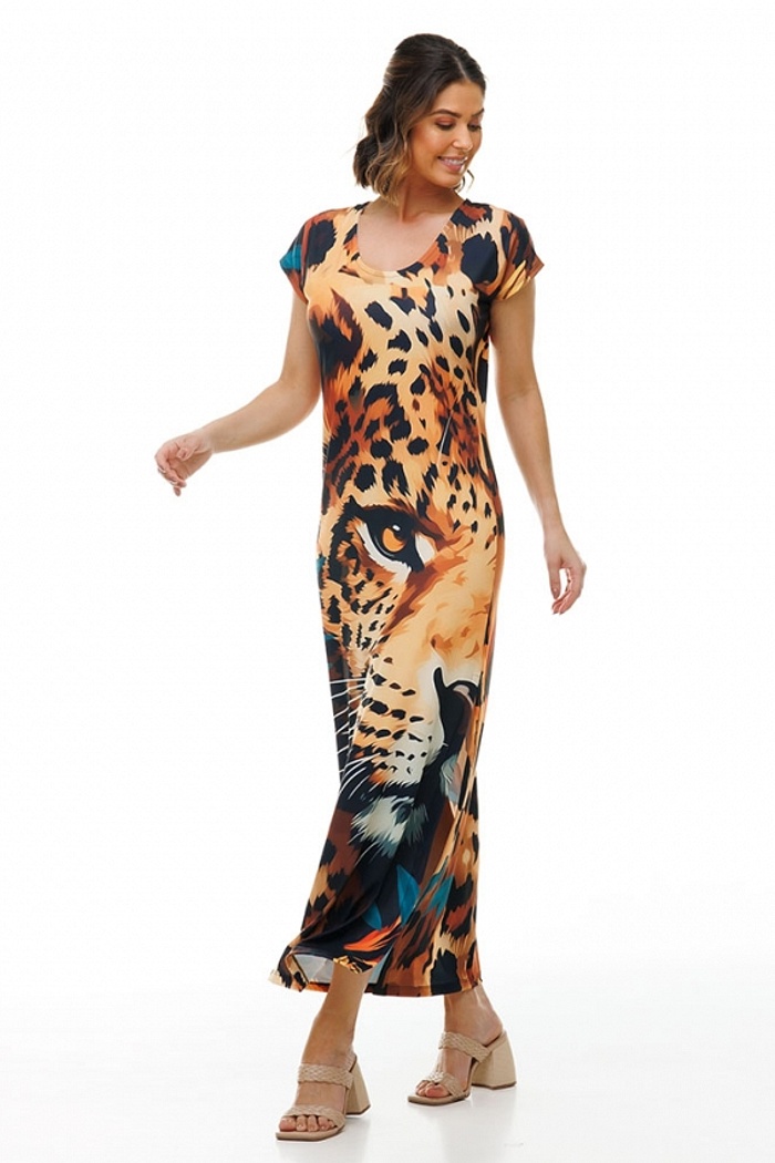 Vestido Longo Jeri Rosto Onça Folhagem Sépia