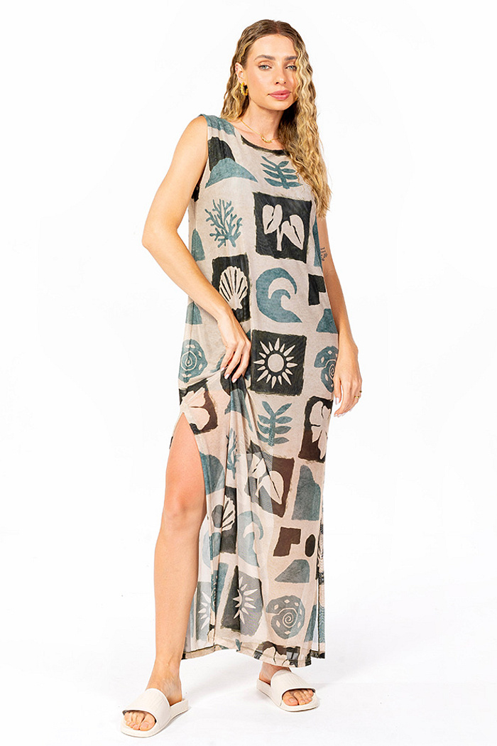 Vestido Estampado Tule Maré Oceano
