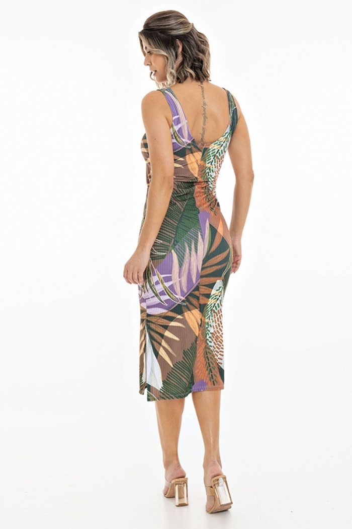 Vestido Canelado Midi Folhas Color Pontilhadas