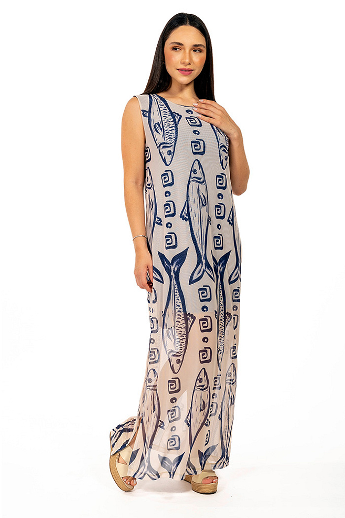 Vestido Estampado Tule Maré Maxi Peixes Fundo Off