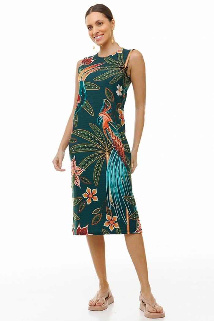 Vestido Estampado Clássico Midi Pássaros e Flores