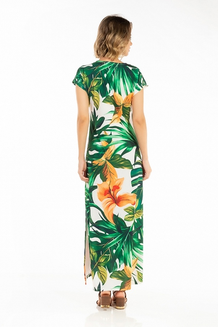 Vestido Longo Jeri Arara Fundo Folhas