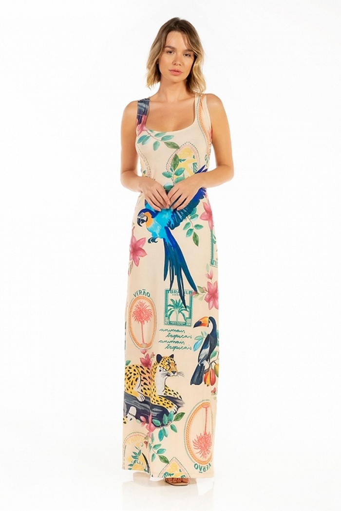 Vestido Hortência Bichos Flores Verão Postal