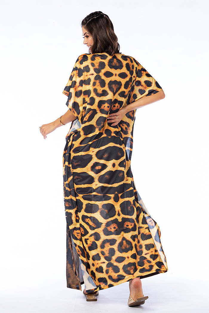 Vestido Feminino Kaftan Hibisco Estampado Onça Olho