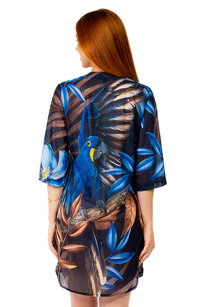 Saída de Praia Chemise Alongada Arara Tons Azul e Marrom