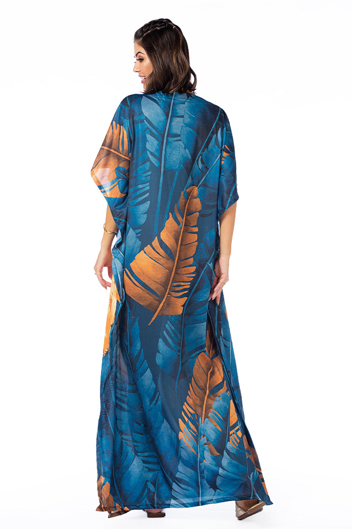 Vestido Feminino Kaftan Hibisco Estampado Arara Canindé Entre as Folhas