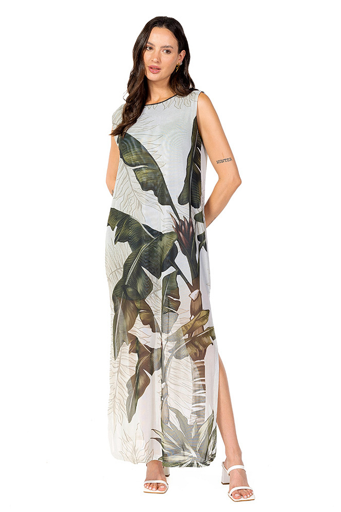 Vestido Estampado Tule Maré Folhagens Linho Off