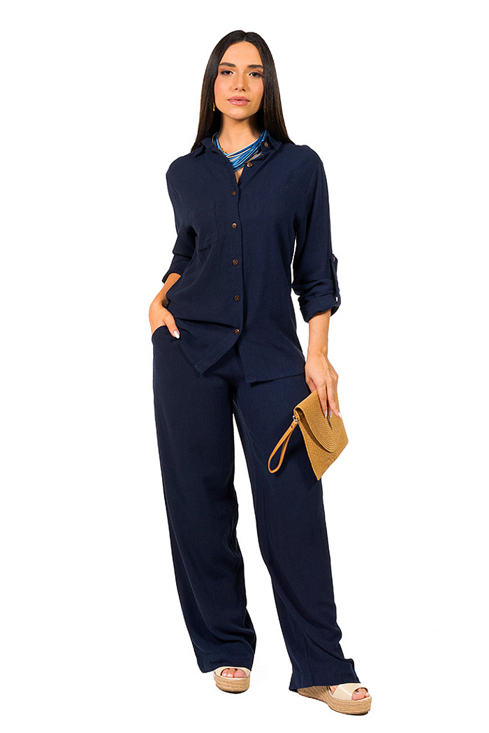 Calça Ampla Linho Marinho