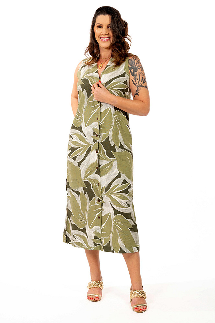 Vestido Linho Chemise Sem Manga Gola Padre Estampado