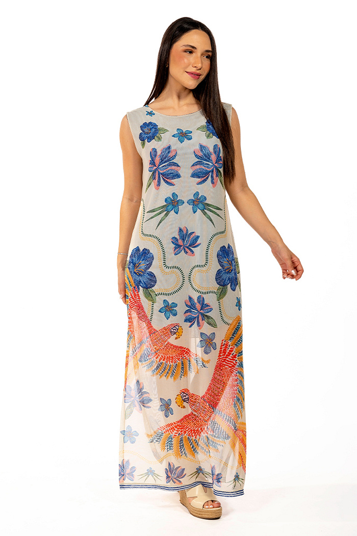Vestido Estampado Tule Maré Passaros e Flores Bordado