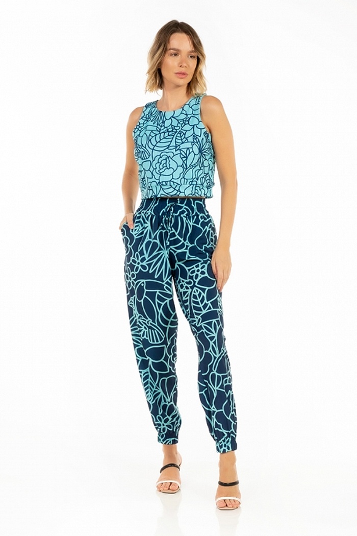 Calça Jogger Com Bolso Tucano, Flores Linhas Azuis