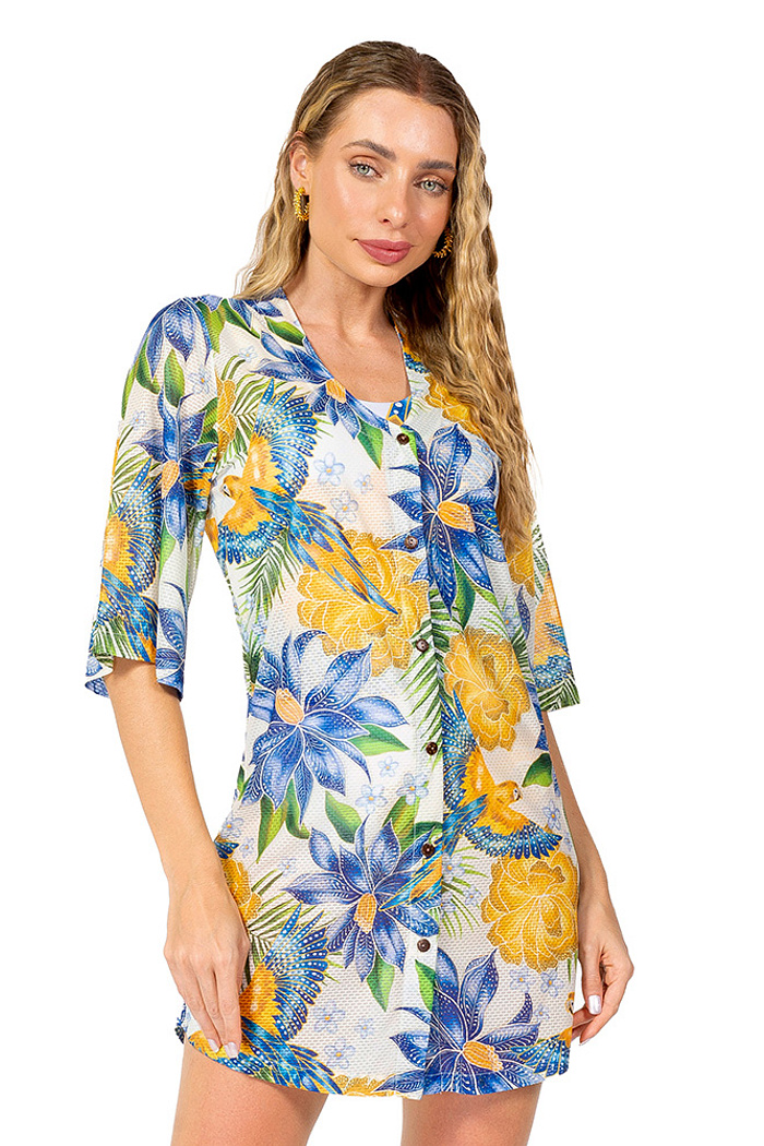 Saída de Praia Chemise Alongada Araras Flores Cores Brasil