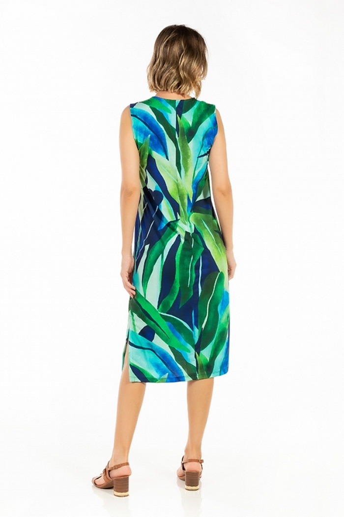 Vestido Estampado Clássico Midi Folhagens Verde e Azuis