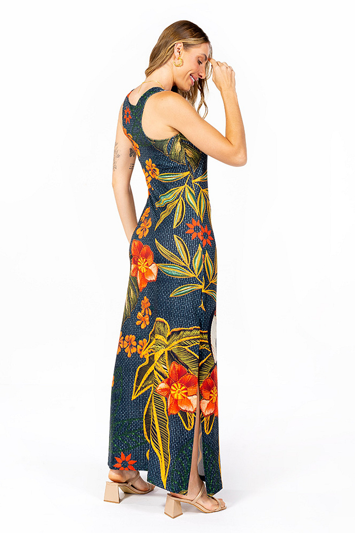 Vestido Hortência Tucano e Folhas