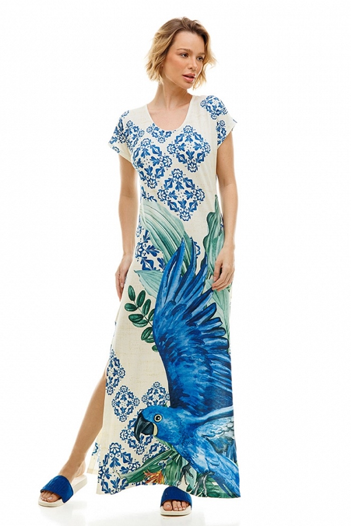 Vestido Longo Jeri Maxi Arara Azul Fundo Azulejo