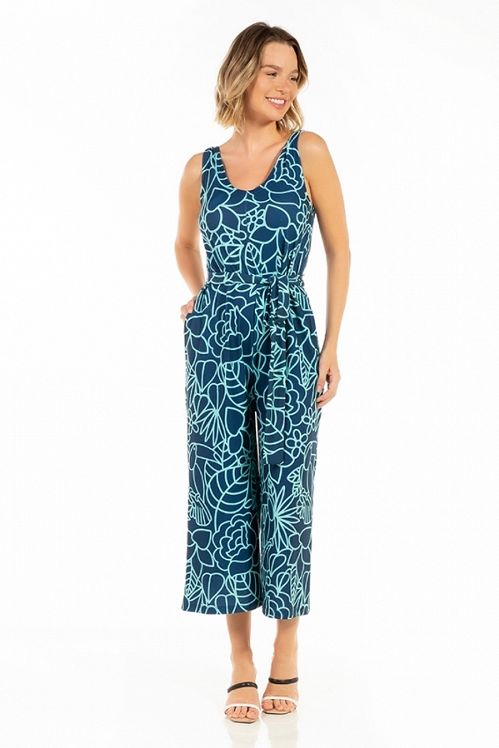 Macacão Bambú Tucano Flores Linhas Azul