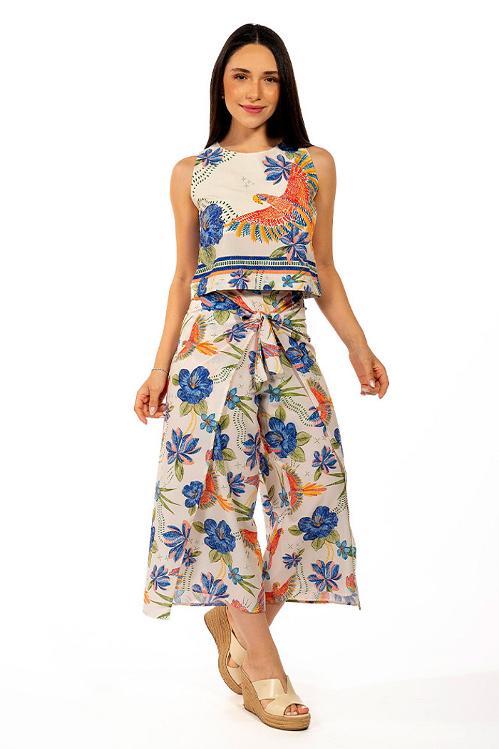 Calça Transpassada Passaros e Flores Bordado