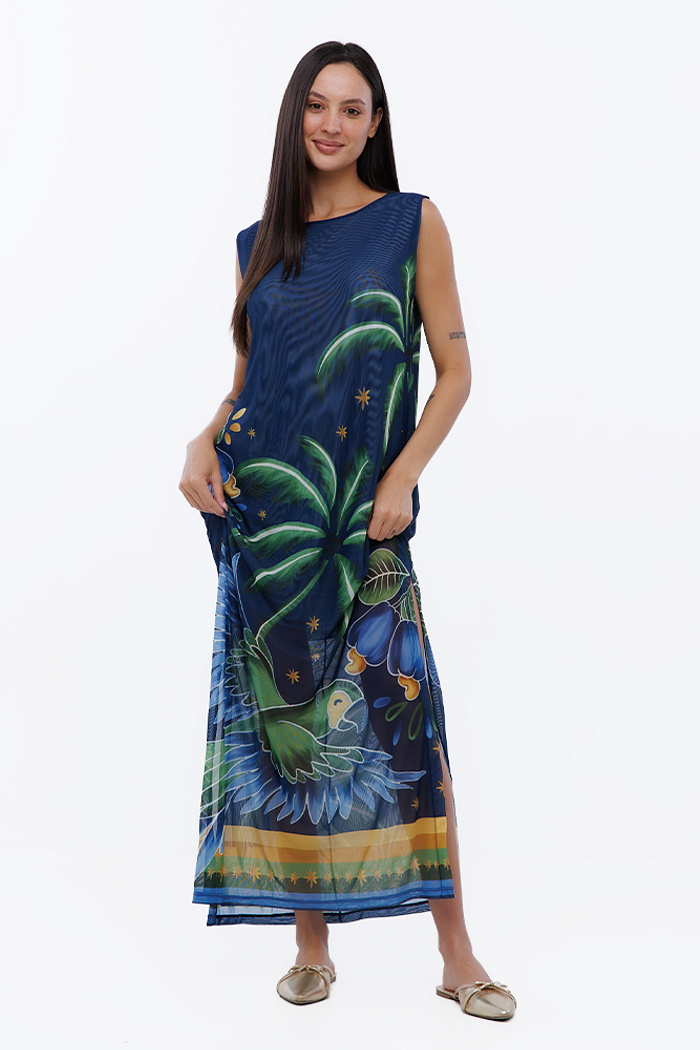 Vestido Estampado Tule Maré Motivos Tropical Brasil