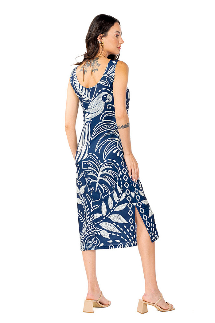 Vestido Estampado Canelado Midi Araras Bordado Off