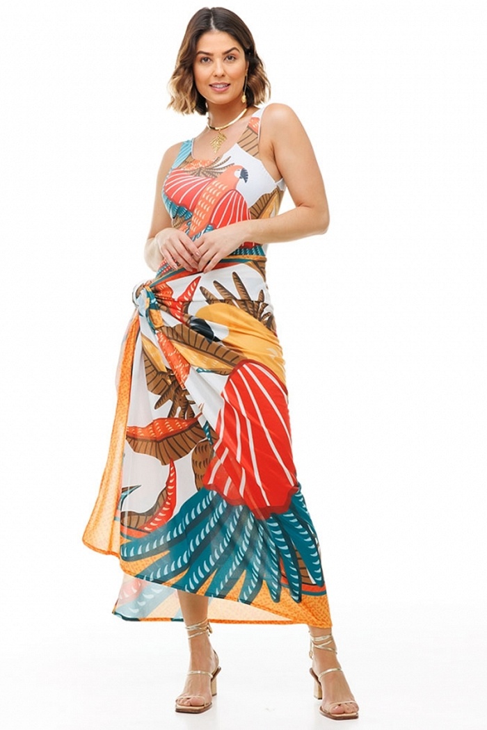 Canga Retangular Aves e Abacaxi Fundo Branco