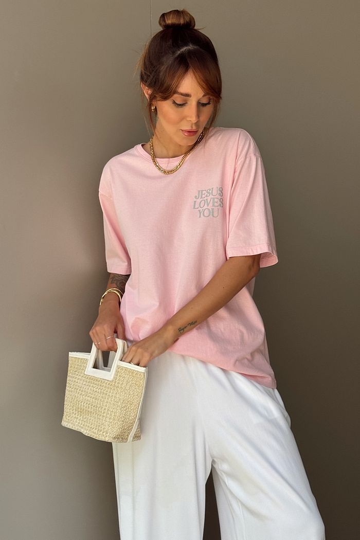 T-SHIRT ESTONADA JESUS LOVES ROSA CANDY