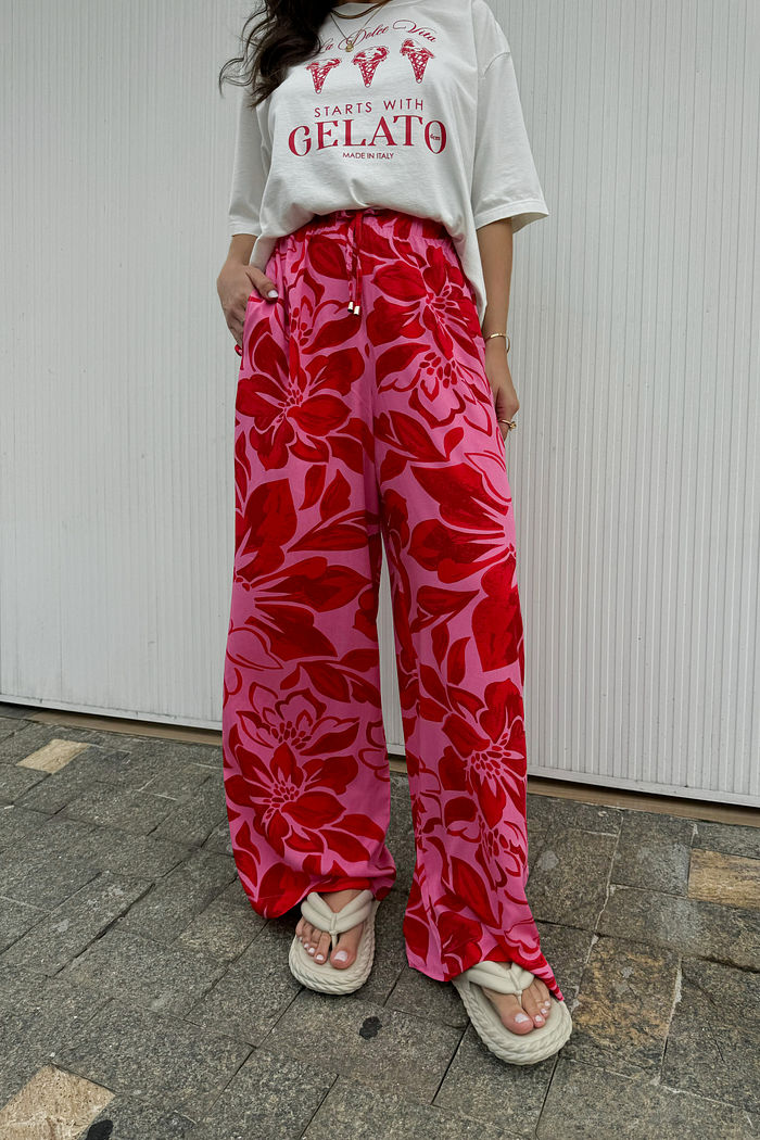 CALÇA PANTALONA LOUISE FLORAL ROSA