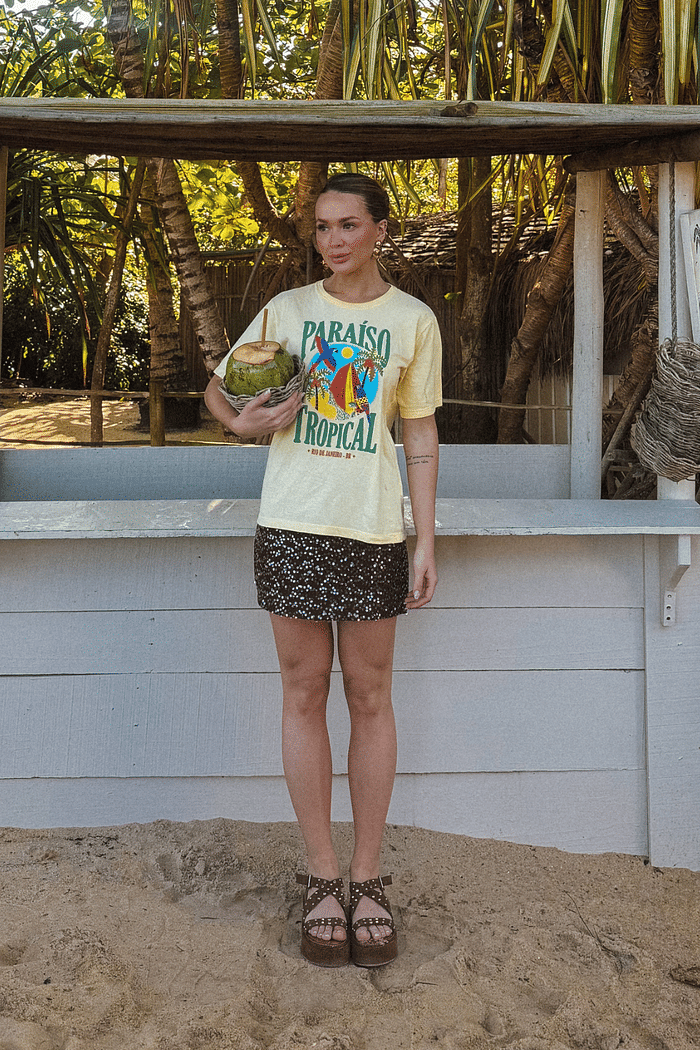 SAIA CURTA HANDMADE PAETÊ MARROM