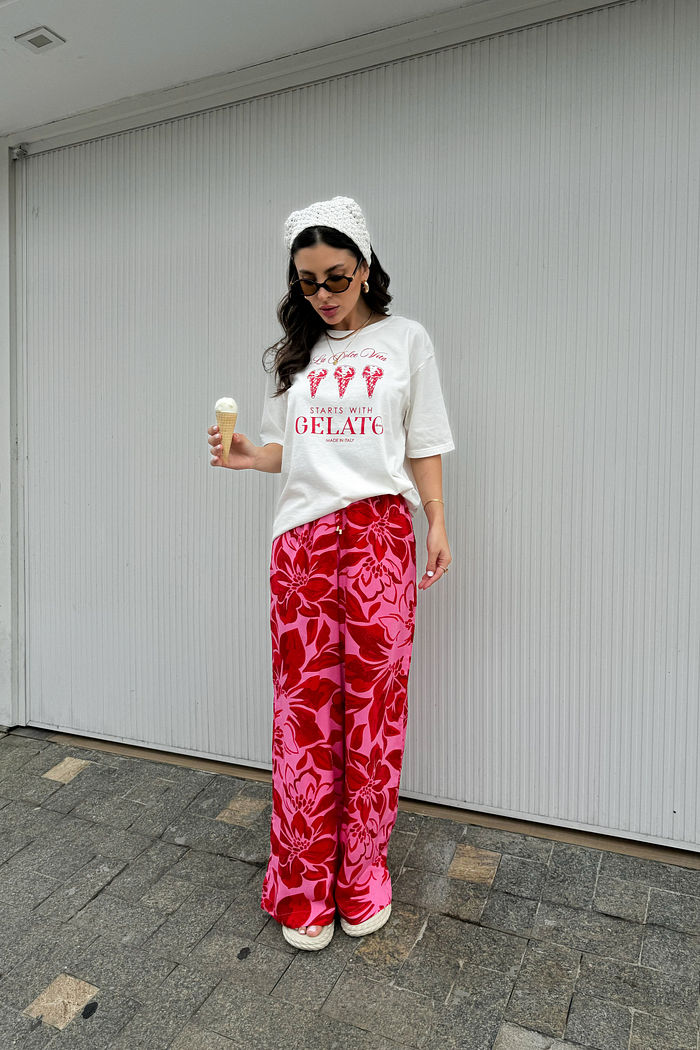 CALÇA PANTALONA LOUISE FLORAL ROSA