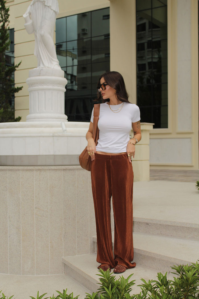 CALÇA PANTALONA PLISSADA CLAIRE MARROM TRUFADO