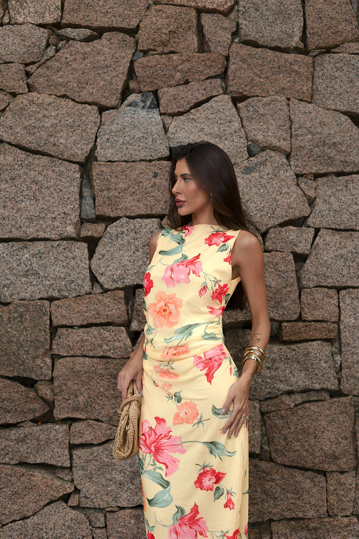 VESTIDO DE TULE FLORAL PRIMAVERA AMARELO MANTEIGA