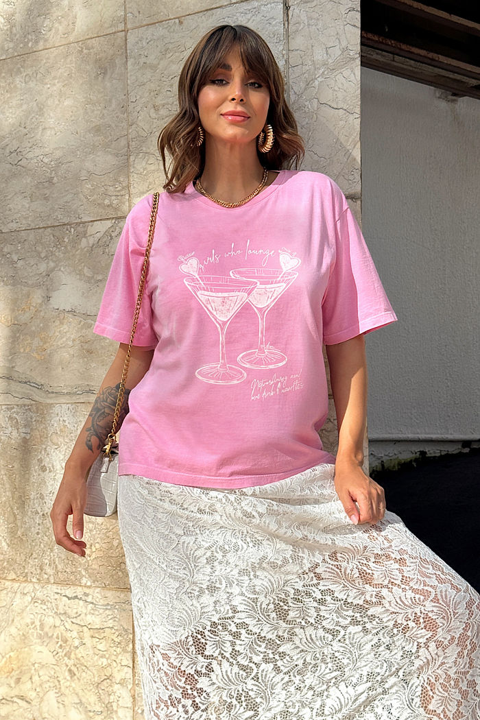 T-SHIRT ESTONADA LOVE MARTINI ROSA CHICLETE