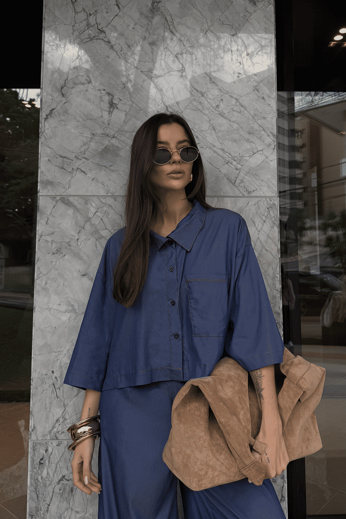 CAMISA OVER CROPPED POSITANO AZUL JEANS