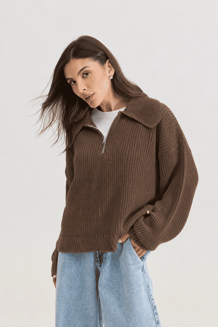 PRÉ-VENDA TRICOT COM ZIPER GRACE MARROM