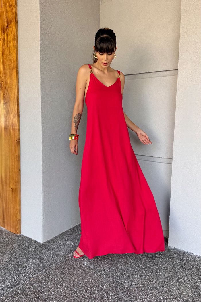 VESTIDO LONGO GLOWING COM ALÇA DE METAL VERMELHO